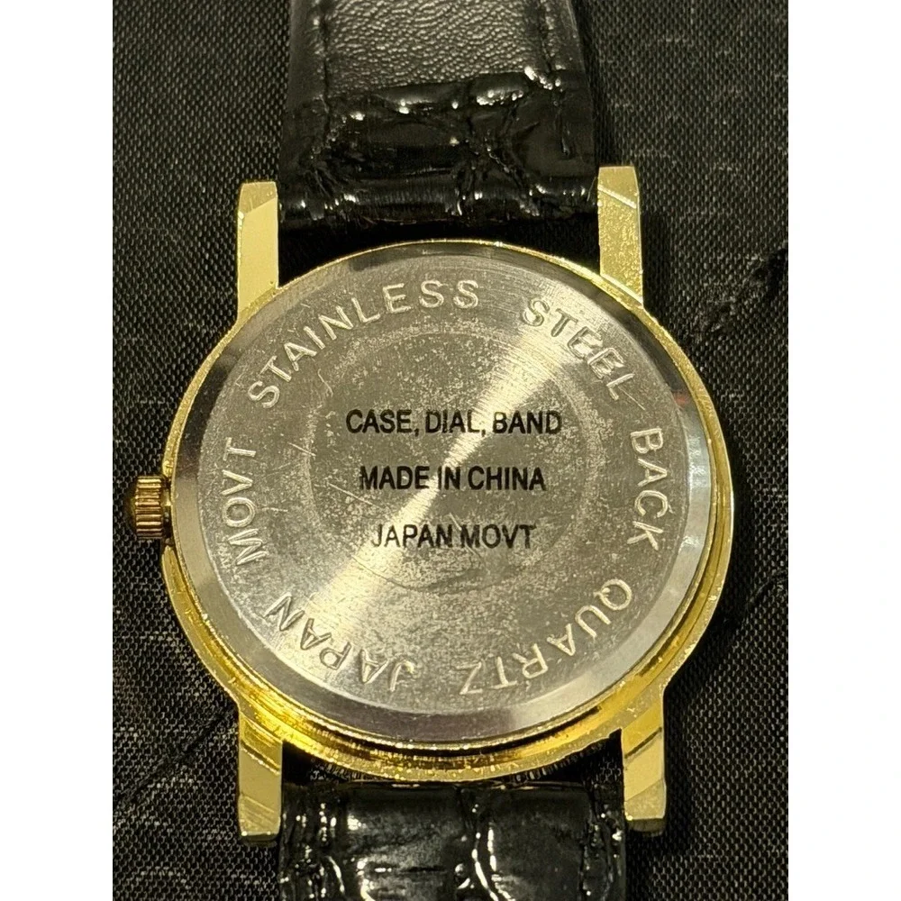 Vintage Diamond Quartz Gold Tone Watch Black Dial Japan Movt Stainless Back